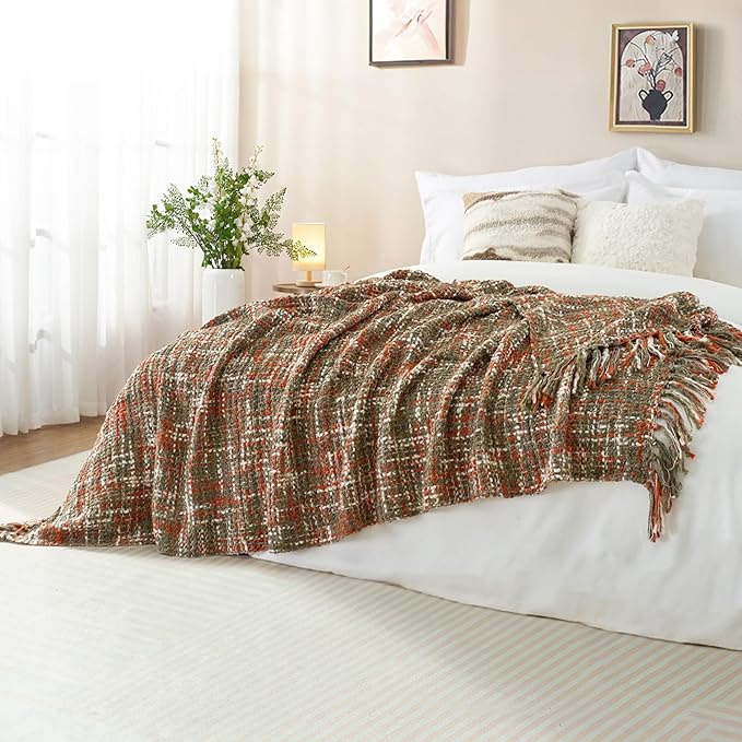 Multi-Color Orange Cable Knitted Throw Blanket for Couch,50"X60" Boho Style Textured Blankets for Home Decor,Super Soft Warm Cozy Chunky Knit Blanket with Decorative Tassels for Bed and Sofa