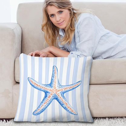 Coastal Beach Starfish Pillow Covers 18x18, Preppy Beachy Room Decor, Preppy Blue and White Striped Starfish Throw Pillow Covers for Bedroom Beach House Home
