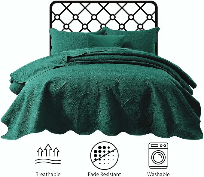 IR Imperial Rooms Twin Quilt Bedding Set Size (68” x 86”) + 1 Pillow Shams (20” x 26” + 2”) - 2 Pcs All Season Lightweight Reversible Microfiber Coverlet Floral Embossed Quilt Bedspread (Emerald)