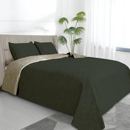 Easy-Going Full/Queen Size Reversible Quilt Set with 1 Quilt and 2 Pillow Shams, Soft Bed Quilt Cover, Water Resistant Lightweight Microfiber Bedspread, Stain Resistant, Olive Leaf-Army Green/Beige