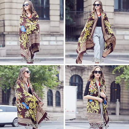 DANA XU 100% Merino Wool Pashmina Shawl for Women 96"x43", Oversized Cashmere Wrap with Tassels, Floral Travel Blanket Cape