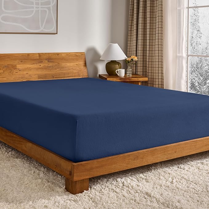 Bare Home Flannel Fitted Bottom Sheet 100% Cotton, Velvety Soft Heavyweight - Double Brushed Flannel - Deep Pocket (Queen, Dark Blue)