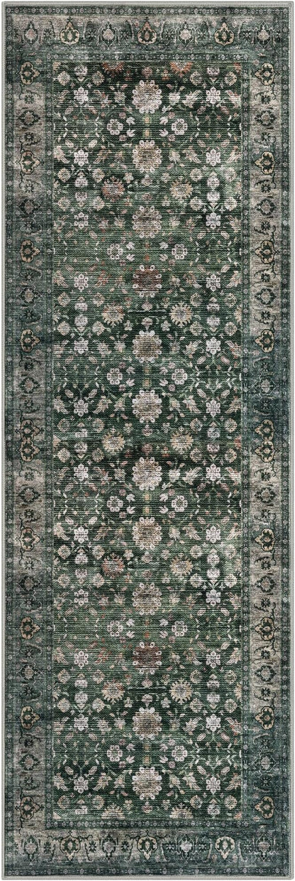 KUTA Runners for Hallways 2x6 Dark Green, Vintage Floral Rug Non-Slip Washable Kitchen Rugs Ultra Thin Soft Printed Retro Distressed Flower Carpet Entryway Rugs for Bedroom Laundry Nursery