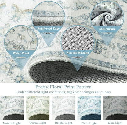 Moynesa Vintage Washable Blue 2x6 Hallway Runner Rug, Neutral Distressed Oriental Runner for Entryway Kitchen Bathroom Bedroom, Low Pile Soft Non-Slip Carpets for Nursery Laundry