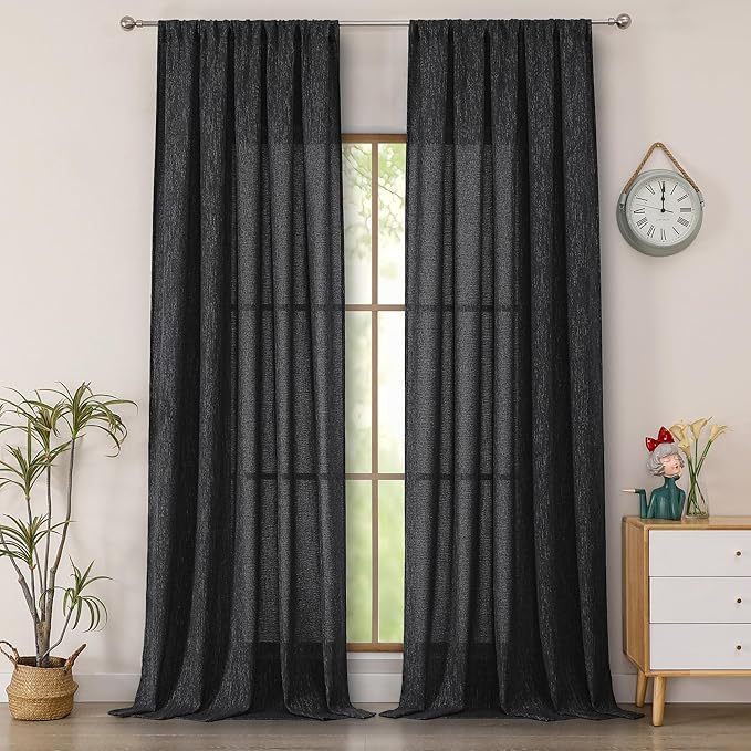 Simplebrand Black Faux Linen Textured Semi Sheer Curtains 108 Inches Long 2 Panels for Living Room, Privacy Extra Long Light Filtering Farmhouse Thick Window Drapes for Large Window, 50 x 108 Inch