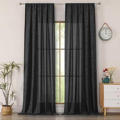 Simplebrand Black Faux Linen Textured Semi Sheer Curtains 108 Inches Long 2 Panels for Living Room, Privacy Extra Long Light Filtering Farmhouse Thick Window Drapes for Large Window, 50 x 108 Inch