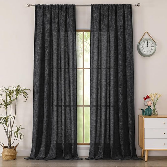 Simplebrand Black Faux Linen Textured Semi Sheer Curtains 108 Inches Long 2 Panels for Living Room, Privacy Extra Long Light Filtering Farmhouse Thick Window Drapes for Large Window, 50 x 108 Inch