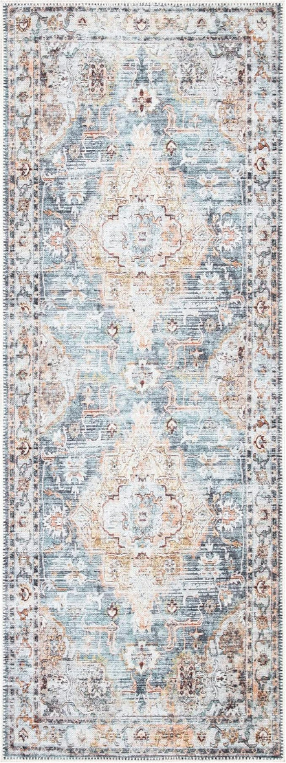 Bloom Rugs Washable Non-Slip 7 ft Runner - Teal/Peach Traditional Runner for Entryway, Hallway, Bathroom, and Kitchen - Exact Size: 2.5' x 7'