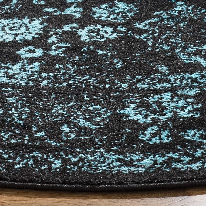 SAFAVIEH Adirondack Collection Area Rug - 4' Round, Black & Teal, Distressed Vintage Floral Design, Non-Shedding & Easy to Clean, Ideal for Living Room, Bedroom, Dining Space (ADR109K)