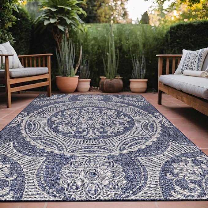 Medallion Outdoor Rug 9x12 Washable Outside Carpet for Indoor Patio Porch Waterproof Easy Cleaning Non Shedding Area Rugs Blue 9 x 12