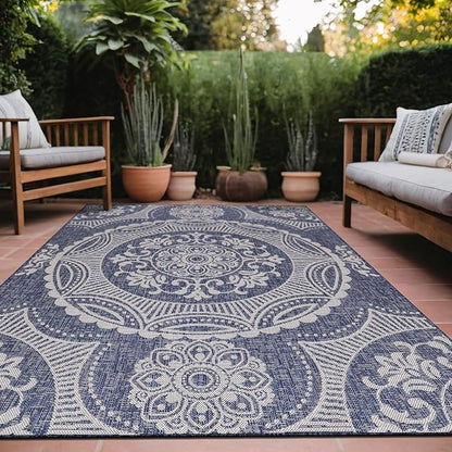 Medallion Outdoor Rug 8x10 Washable Outside Carpet for Indoor Patio Porch Waterproof Easy Cleaning Non Shedding Area Rugs Blue 8 x 10