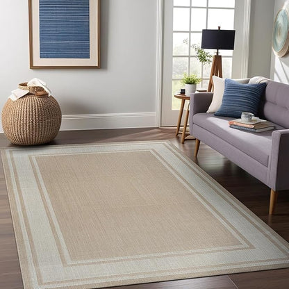 Beverly Rug Outdoor Rug 6x9 Modern Bordered Area Rugs for Indoor and Outdoor Patio Deck Porch Garden Waterproof Weather Sun Resistant Washable Outside Carpet (6 x 9 Beige)