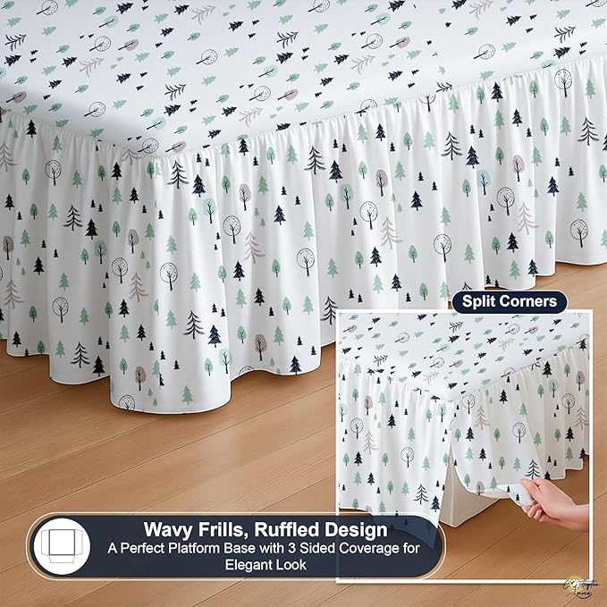 Cottington Lane Ruffled Bed Skirt Full Size with Split Corner, Brushed Microfiber Hotel Quality Dust Ruffle, 21 Inch Drop Gathered Bedskirt, Soft, Stylish, Shrink & Fade Resistant, Winter Forest