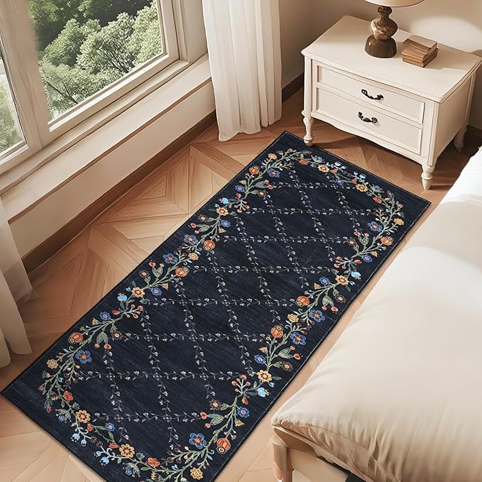 GarveeHome 2x6 Washable Floral Runner Rugs for Hallway: Modern Floral Non Slip Large Runner Rugs for Kitchen, Large Machine Washable Hallways Low Pile Carpet with Non-Slip Backing Black 2 ft x6 ft.