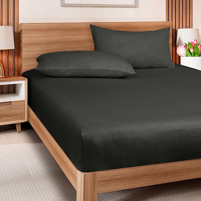 ROYALE LINENS 300 Thread Count 100% Long Staple Combed Cotton Fitted Sheet Twin XL - Super Soft Deep Pocket Bottom Sheet - Fitted Sheets Only - Elastic Sheets (Twin XL, Black)