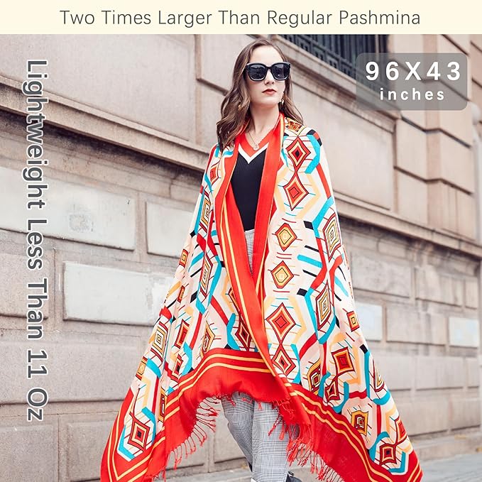 DANA XU 100% Merino Wool Pashmina Shawl for Women 96"x43", Oversized Cashmere Wrap with Tassels, Floral Travel Blanket Cape