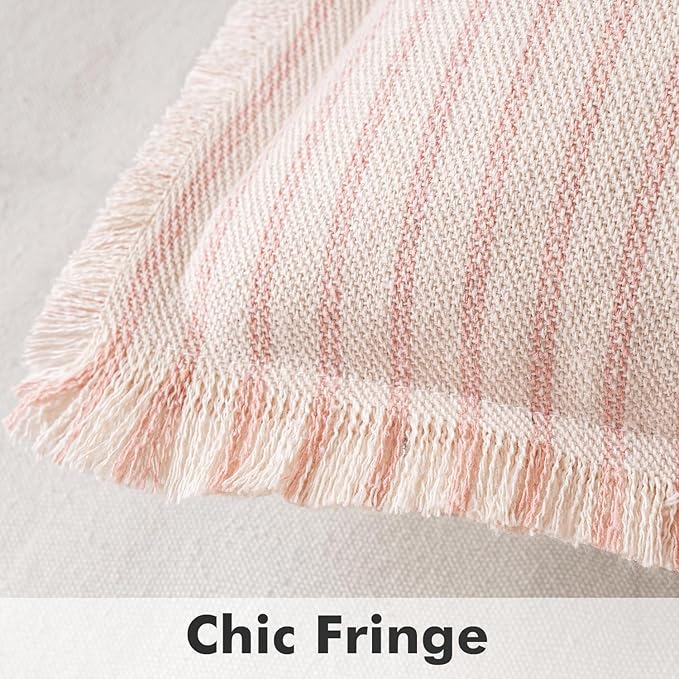 MIULEE Pack of 2 Pink Pillow Covers 24x24 Inch Striped Farmhouse Couch Throw Pillow Covers with Fringe Chic Cotton Decorative Cushion Eruo Sham for Sofa Living Room Bed Outdoor Home Decor