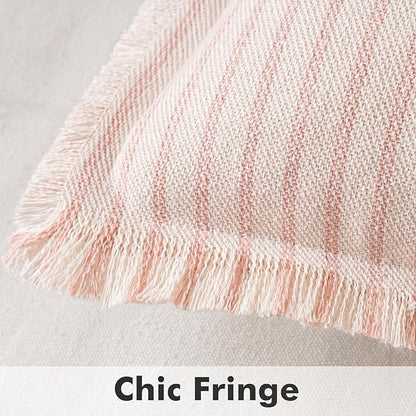 MIULEE Pack of 2 Pink Pillow Covers 24x24 Inch Striped Farmhouse Couch Throw Pillow Covers with Fringe Chic Cotton Decorative Cushion Eruo Sham for Sofa Living Room Bed Outdoor Home Decor