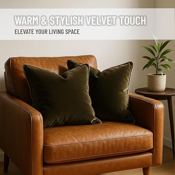 2 Pack Velvet Decorative Throw Pillow Covers, 18"x18", Green and Camel, Solid, Modern, Contrast Piping, Indoor Use, Bedroom & Living Room