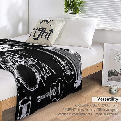 Music Blanket Drums Piano Guitar Black White Abstract Art Printed Soft Cozy Lightweight Throw Blanket for Kids Girls Boys Women Bedroom Living Room Dorm Chair Sofa Travel 50x60in
