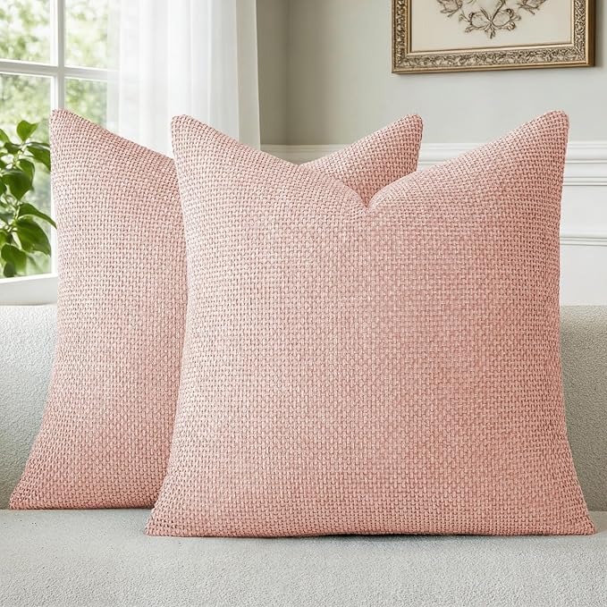 a moment Pink Spring Chenille Throw Pillow Covers 18x18 Inch Pack of 2 Modern Decorative Throw Pillow Covers Farmhouse Cross Covers Home Decor for Sofa Bedroom Living Room