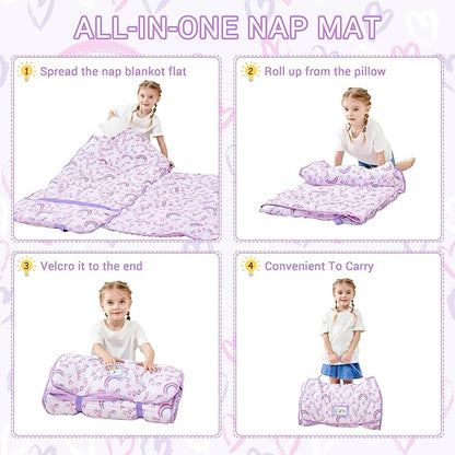 Toddler Nap Mat with Pillow and Blanket, Extra Large Rolled Napping Mats,Slumber Bags for Boys Girls,Kids Sleeping Bag for Daycare, Preschool Travel Camping