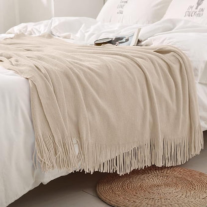 Homiest Decorative Knitted Throw Blanket with Fringe, Lightweight Acrylic Knit, Soft & Cozy Tassel Blanket for Couch, Sofa, Bed (Light Beige, 50 x 60 Inch)