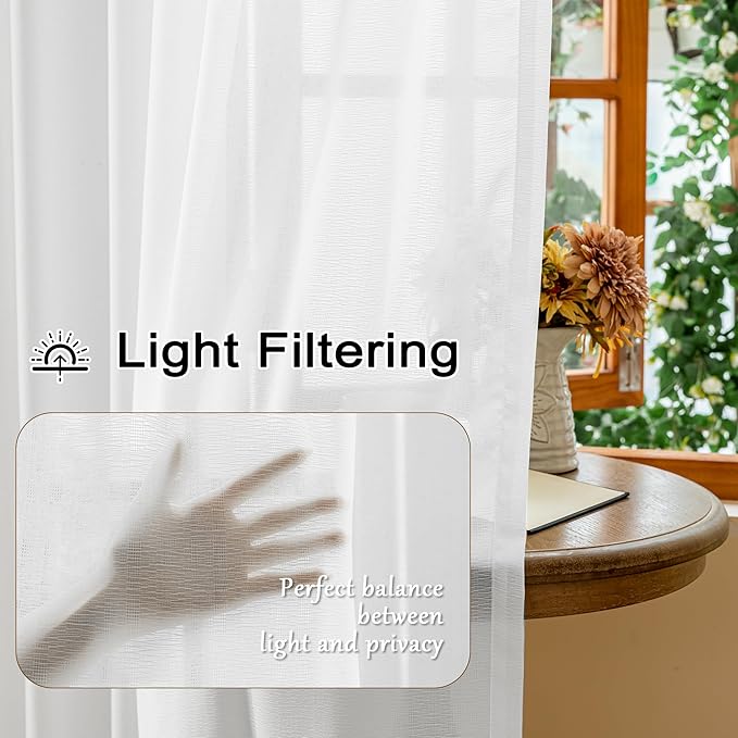 Extra Wide Pinch Pleat Sheer Curtains 96 Inches Long for Living Room Light Filtering Pleated Drapes with Adjustable Hooks Natural Texture 8ft Curtains for Bedroom, White, 60"W x 96"L, 2 Panels