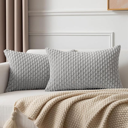 Kevin Textile 14x24 Inch Pillow Cover 1 Pack Boho Decorative Soft Striped Corduroy Lumbar Farmhouse Solid Color Accent Rectangle Cushion Case for Living Room Couch Sofa Bed, Light Grey