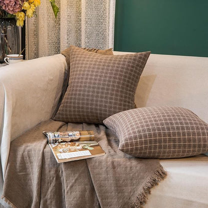 Tweed Throw Pillow Covers Woolen-Style Fabric Square Pillow Cases for Farmhouse Cushion Case and Home Sofa Couch Decor Pack of 2,18x18 Inch Senior Brown Plaid