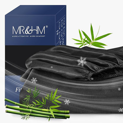 MR&HM King Fitted Sheet Only, Ultra-Soft Rayon Derived from Bamboo & Polyester Blend, Silky & Breathable, 15" Deep Pocket with Elastic Straps, Cooling Fitted Sheet for Hot Sleepers, Black