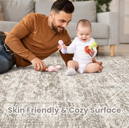 Vintage Living Room Area Rug 9x12 - Large Soft Washable Oriental Traditional Distressed Farmhouse Rugs for Bedroom - Indoor Floor Accent Carpet for Home Office House Decor - Distressed Light Brown