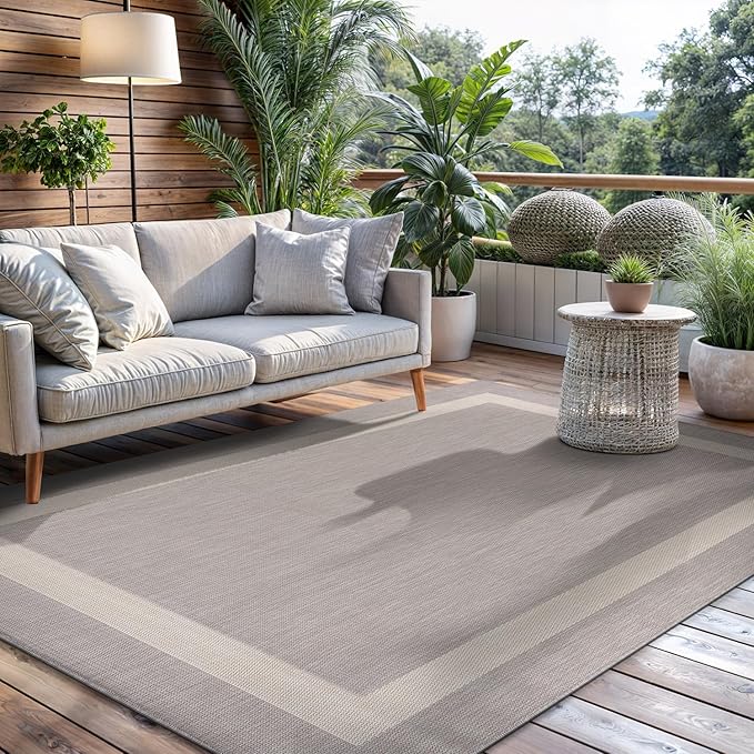 CAMILSON Outdoor Rug 5x7,Modern Outside Rugs for Patios Porches Waterproof Durable Washable Non-Shedding, Easy-to-Clean Indoor Outdoor Area Carpet (5 x 7, Bordered - Gray/White)