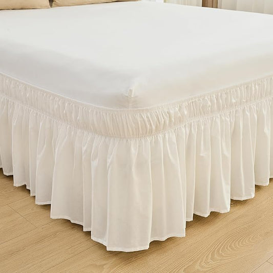 BISELINA Wrap Around Bed Skirts 17" Drop, Cotton Adjustable Elastic Dust Ruffles Easy Fit Wrinkle & Fade Resistant Soft Cozy Elegant Luxurious Bedding - White, Queen Size