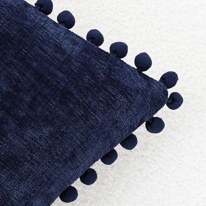 CaliTime Throw Pillow Covers Decorative 20 X 20 Inches Pack of 2 Cozy Solid Dyed Soft Chenille Cushion Cases with Pom Poms for Couch Sofa Bed Living Room Home Navy Blue