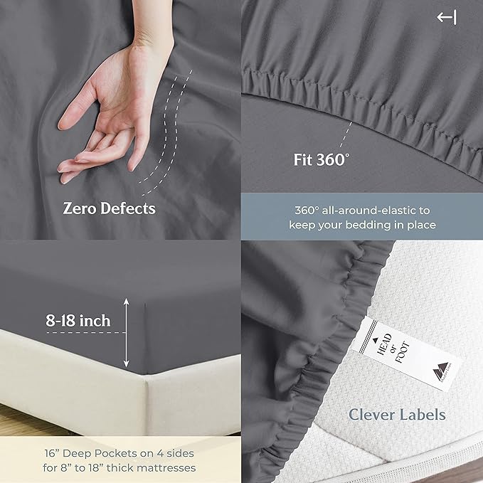 Mayfair Linen 100% Cotton Bed Sheets Queen Sheet Set - 500 Thread Count Sheets Queen Size 4 PC Set (Dark Grey), Soft, Cooling, Hotel-Quality 16" Deep Pocket Sateen Cotton Bedsheet for Hot Sleepers