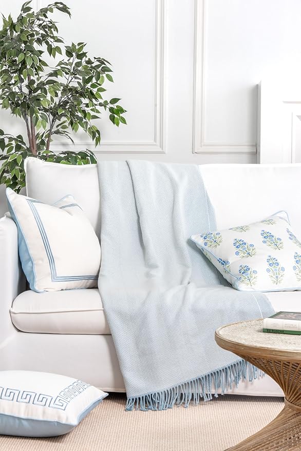 Hofdeco Premium Coastal Decorative Throw Blanket for Patio Couch Sofa, Baby Blue Herringbone with Fringe, 52"x72"