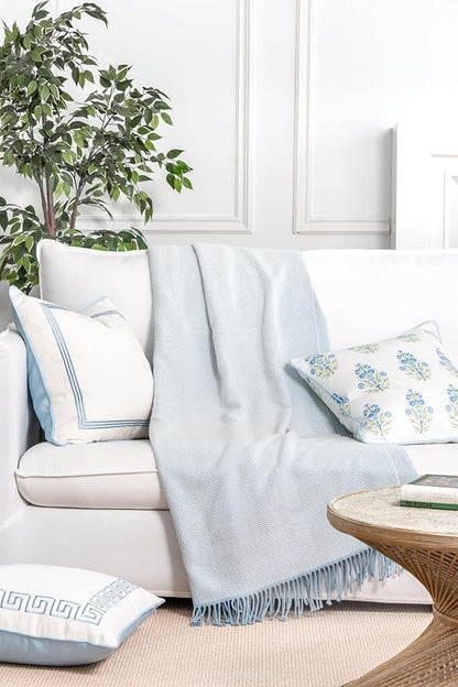 Hofdeco Premium Coastal Decorative Throw Blanket for Patio Couch Sofa, Baby Blue Herringbone with Fringe, 52"x72"