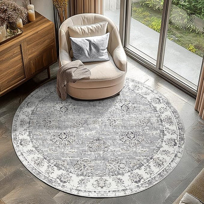 jinchan Fiora Round Rug 4ft Area Rugs Vintage Floral Distressed Design - Machine Washable Non-Slip Low-Pile Ultra-Thin Circle Rug for Entryway Bedside Living Room Dining Room Bedroom (4' Round, Grey)