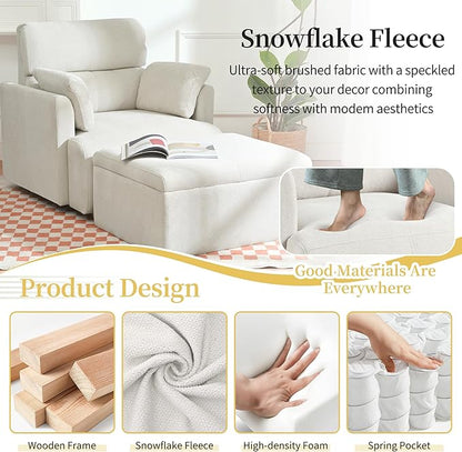 Modern Oversized Accent Chair with Storage Ottoman & Side Pillows, Snowflake Fleece Upholstered Chaise Lounge Chair, Deep Seat Reading Chair for Living Room, 350lbs Capacity
