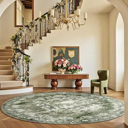 jinchan Round Rug 7ft Area Rug - Green Vintage Floor Mat Kitchen Indoor - Washable Circle 7' Thin Floral Print Christmas Carpet Retro Farmhouse Non Slip Dining Room Living Room Bedroom Office