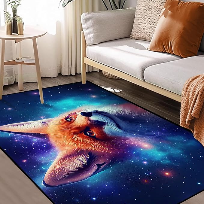 Galaxy Fox Rug 3D Cute Foxes Area Rugs for Bedroom Living Room Playroom Boys Kids Cartoon Colorful Carpet Glitter Stars Throw Rugs Floor Mat 59 in x 39 in