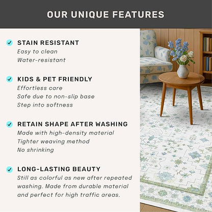 Oushak 3x16 Wide Hallway Runner Rug - Vintage Turkish Floral, Washable Low Pile Non Slip 16ft Extra Long Runners for Large Kitchen, Hall Way - Light Blue and Green Décor
