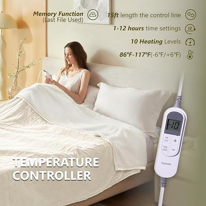 Heat Blanket 50”x60” Throw,Soft Flannel & Sherpa Reversible Electric Blanket with 10 Heat Settings,12 Timer Setting and 3 Hours Auto-Shut Off,ETL Certified Machine Washable,Ivory