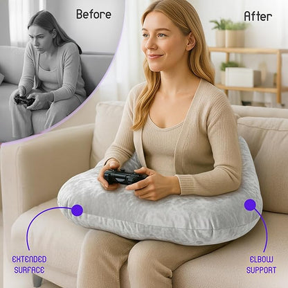 MELLO Lap Pillow for Reading – Memory Foam Gaming Pillow for Lap, Crochet, Crafting, Knitting, Elbow and Arm Support Cushion for Rest in Couch and Bed (Light Gray, Oversized)