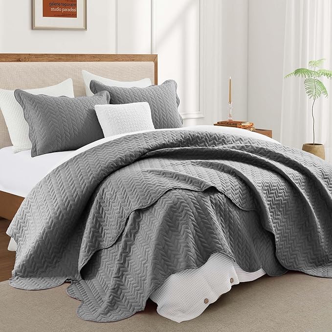IR Imperial Rooms California King Quilt Bedding Set Size (118"x106") + 2 Pillow Shams (20" x 36"+ 2") - 3 Pcs All Season Reversible Microfiber Coverlet Embossed Quilt Bedspread (Grey)