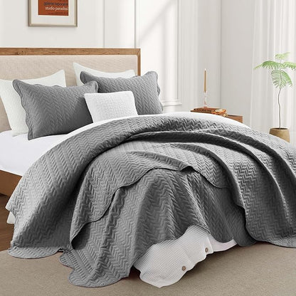 IR Imperial Rooms King Quilt Bedding Set Size (106" x 96") + 2 Pillow Shams (20" x 36"+ 2") - 3 Pcs All Season Lightweight Reversible Microfiber Coverlet Embossed Quilt Bedspread (Grey)