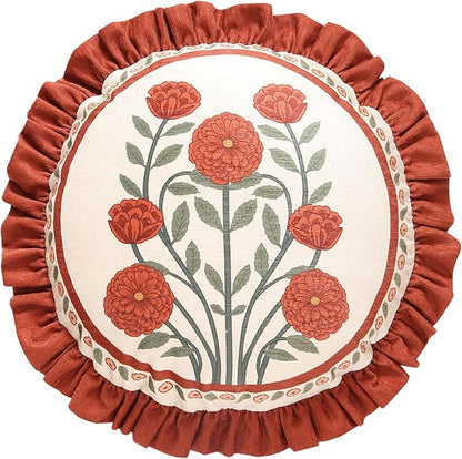 Round Throw Pillow Covers,Red Cozy Velvet with Leaves and Floral Pattern Pillowcases,Decoration Pillows Cushion Covers for Living Room Couch Sofa Bed Car Chair,Diameter 16"
