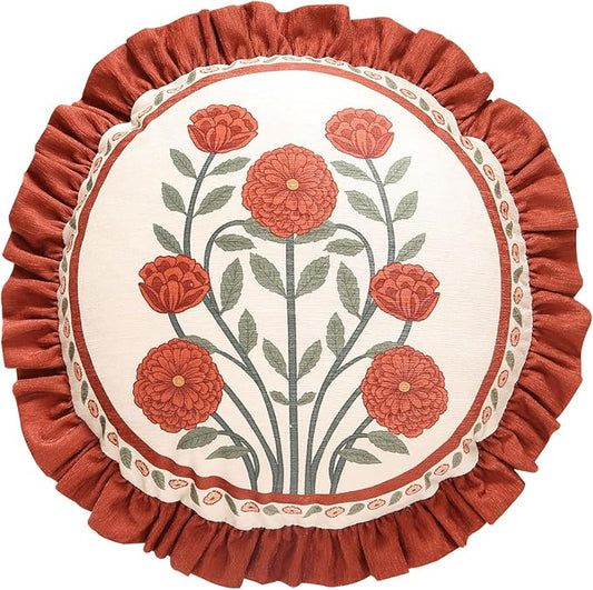 Round Throw Pillow Covers,Red Cozy Velvet with Leaves and Floral Pattern Pillowcases,Decoration Pillows Cushion Covers for Living Room Couch Sofa Bed Car Chair,Diameter 16"