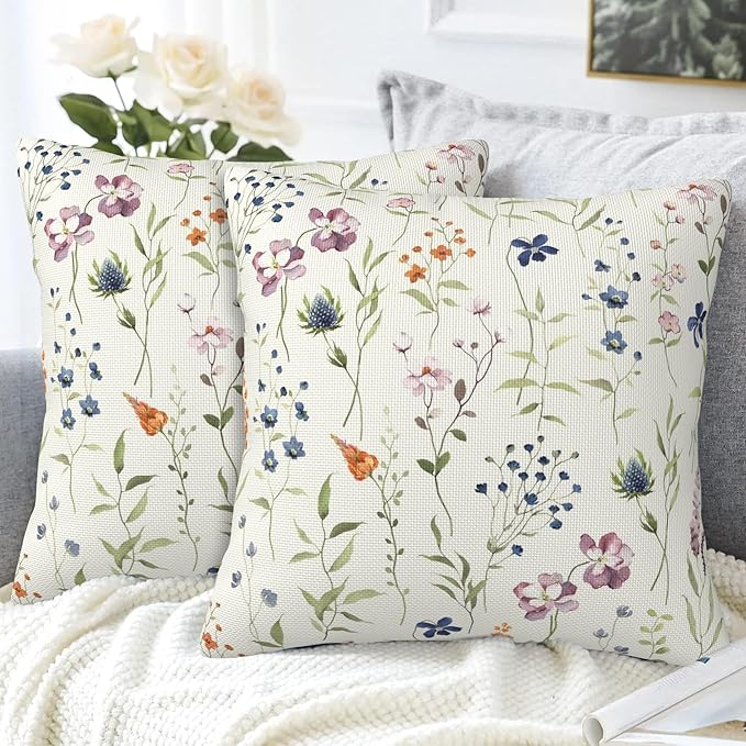 Throw Pillow Covers Spring Summer Floral Pillow Covers 16x16 Inch Set of 2 Watercolor Flowers Throw Pillows Decorative Pillow Cases Cushion Covers for Bedroom Livingroom Sofa Farm House